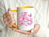 Personalized Butterfly Initial Mug, Custom Name Coffee Mug for Girls and Women, Floral Monogram Cup, Pink Aesthetic Gift, Custom Letter Mug