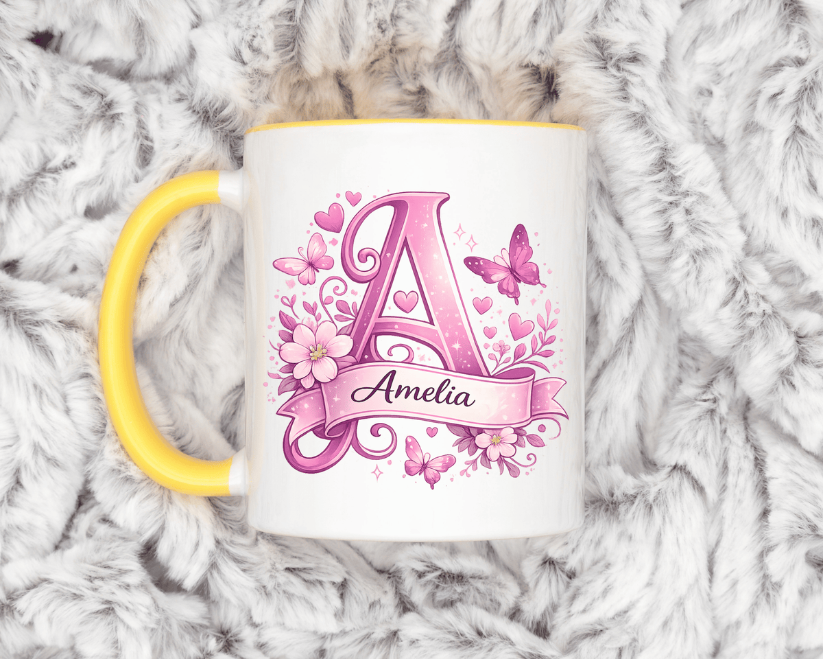 Personalized Butterfly Initial Mug, Custom Name Coffee Mug for Girls and Women, Floral Monogram Cup, Pink Aesthetic Gift, Custom Letter Mug
