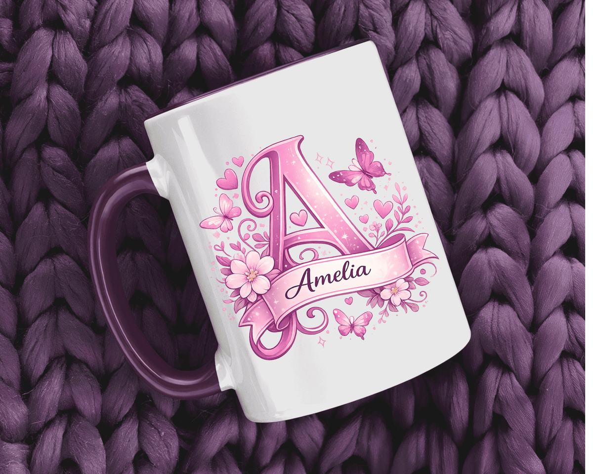 Personalized Butterfly Initial Mug, Custom Name Coffee Mug for Girls and Women, Floral Monogram Cup, Pink Aesthetic Gift, Custom Letter Mug