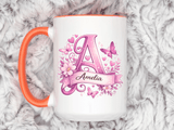 Personalized Butterfly Initial Mug, Custom Name Coffee Mug for Girls and Women, Floral Monogram Cup, Pink Aesthetic Gift, Custom Letter Mug