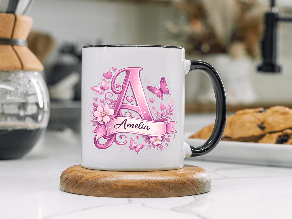 Personalized Butterfly Initial Mug, Custom Name Coffee Mug for Girls and Women, Floral Monogram Cup, Pink Aesthetic Gift, Custom Letter Mug