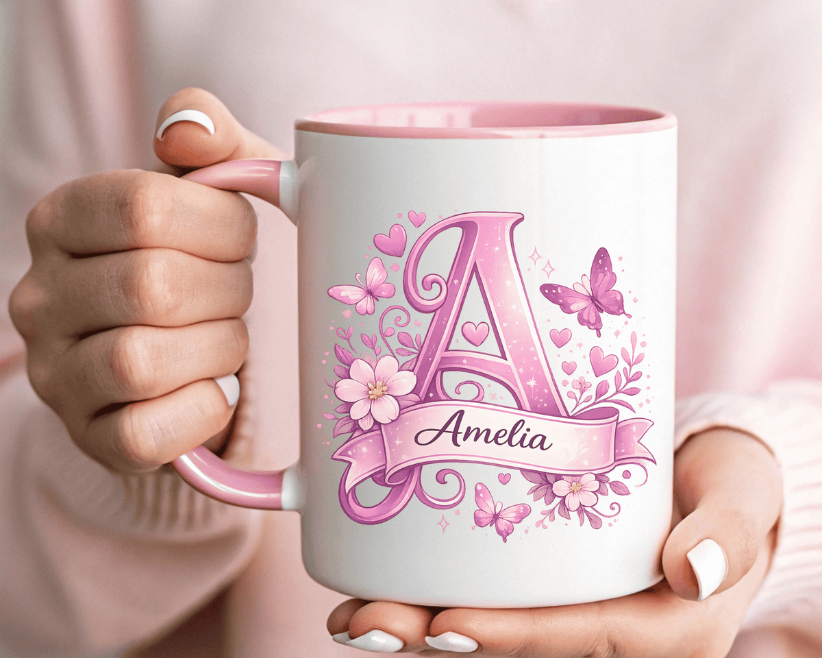 Personalized Butterfly Initial Mug, Custom Name Coffee Mug for Girls and Women, Floral Monogram Cup, Pink Aesthetic Gift, Custom Letter Mug