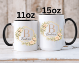 Personalized Floral Monogram Mug, Custom Name Coffee Mug with Elegant Initial Letter, Botanical Gift for Women, Bridesmaid Birthday Cup