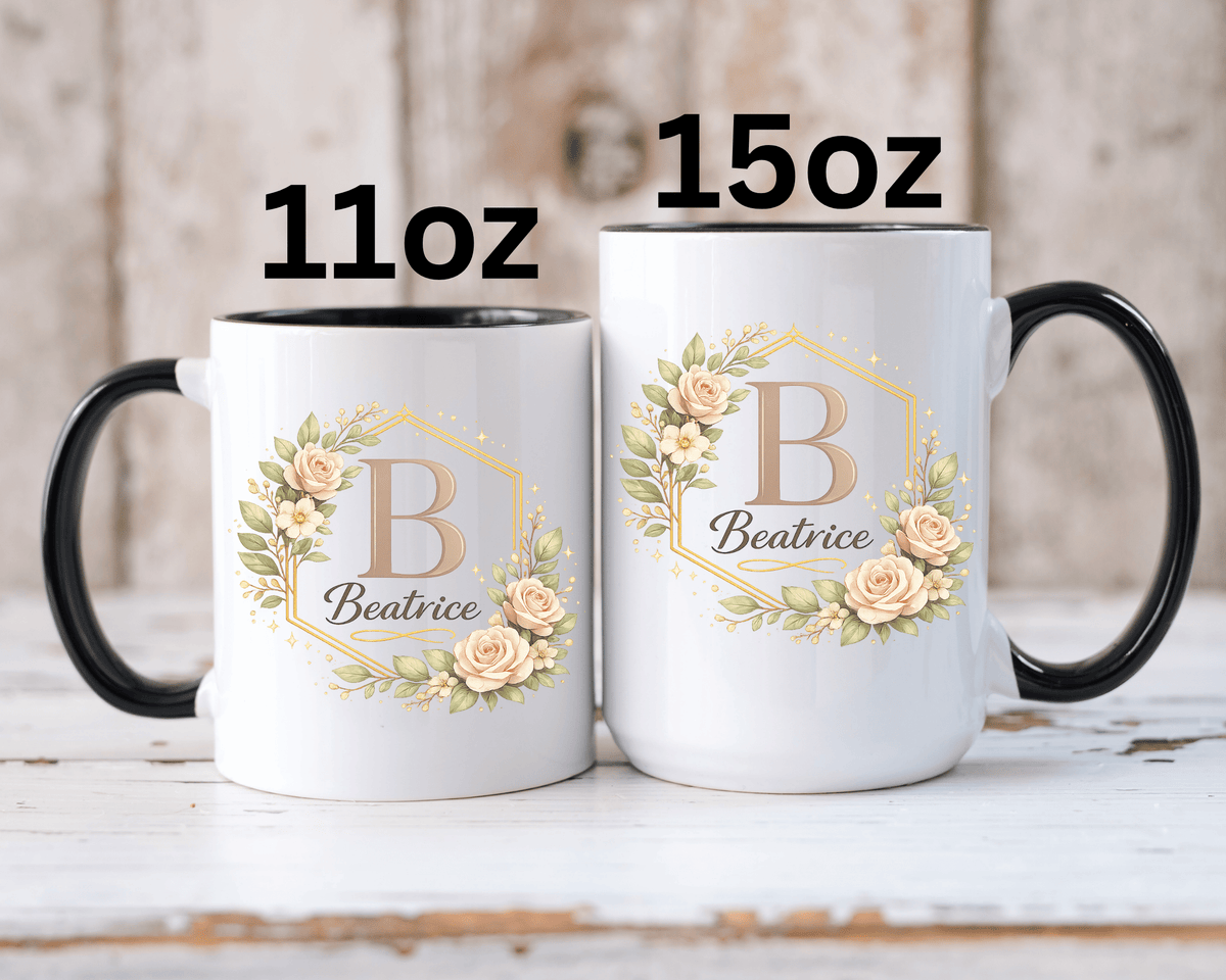 Personalized Floral Monogram Mug, Custom Name Coffee Mug with Elegant Initial Letter, Botanical Gift for Women, Bridesmaid Birthday Cup