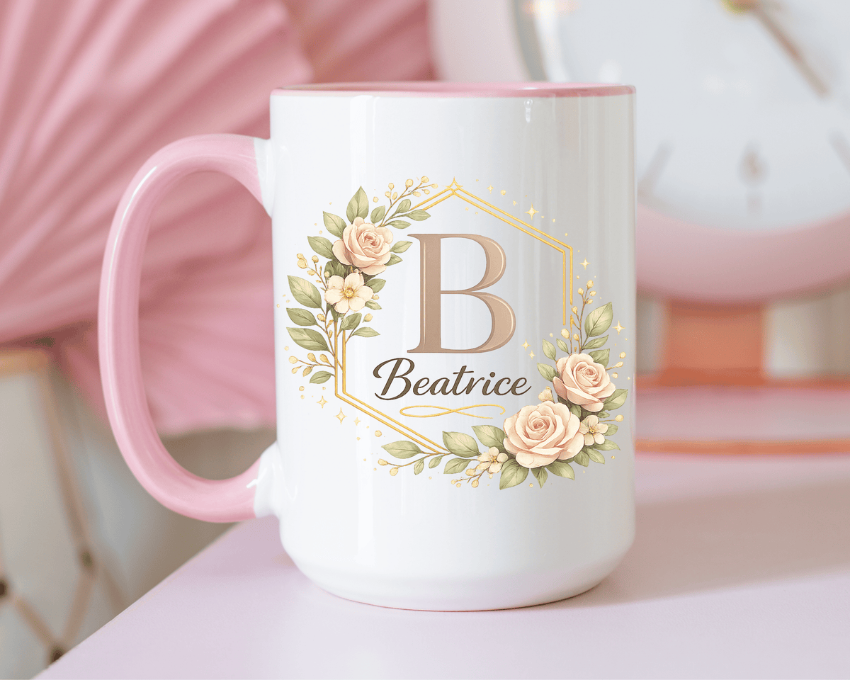 Personalized Floral Monogram Mug, Custom Name Coffee Mug with Elegant Initial Letter, Botanical Gift for Women, Bridesmaid Birthday Cup