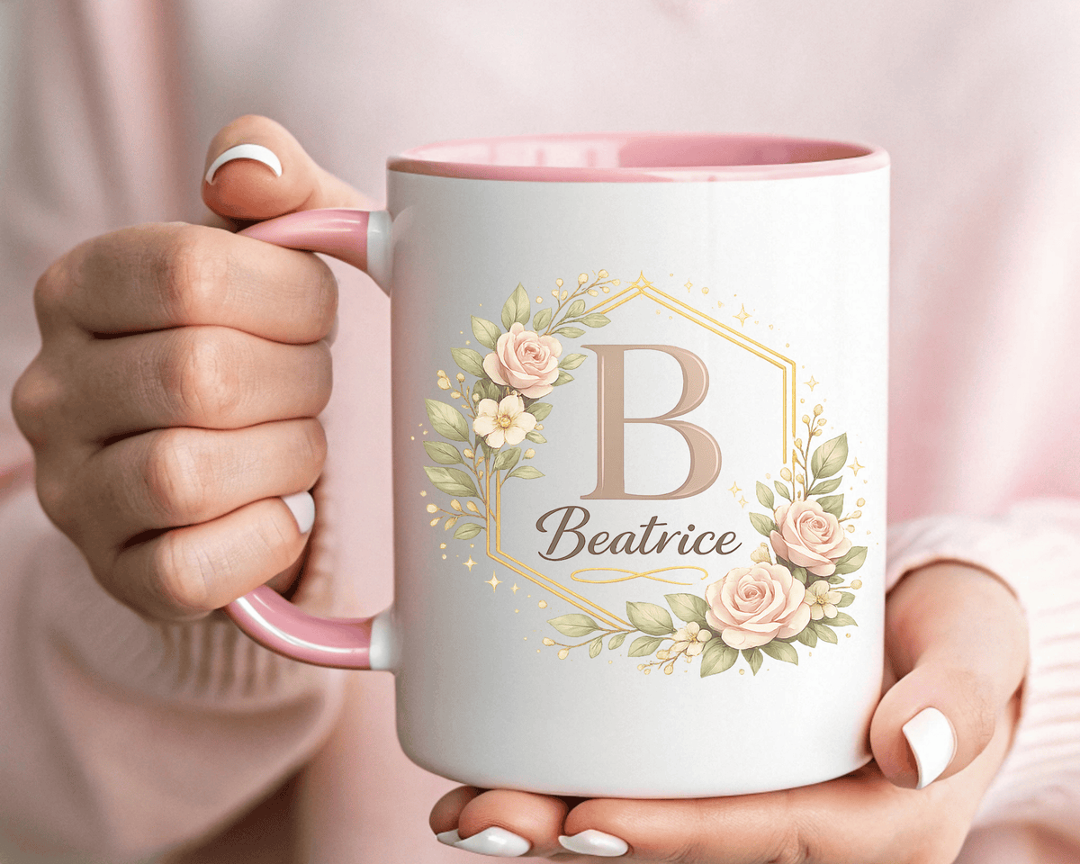 Personalized Floral Monogram Mug, Custom Name Coffee Mug with Elegant Initial Letter, Botanical Gift for Women, Bridesmaid Birthday Cup