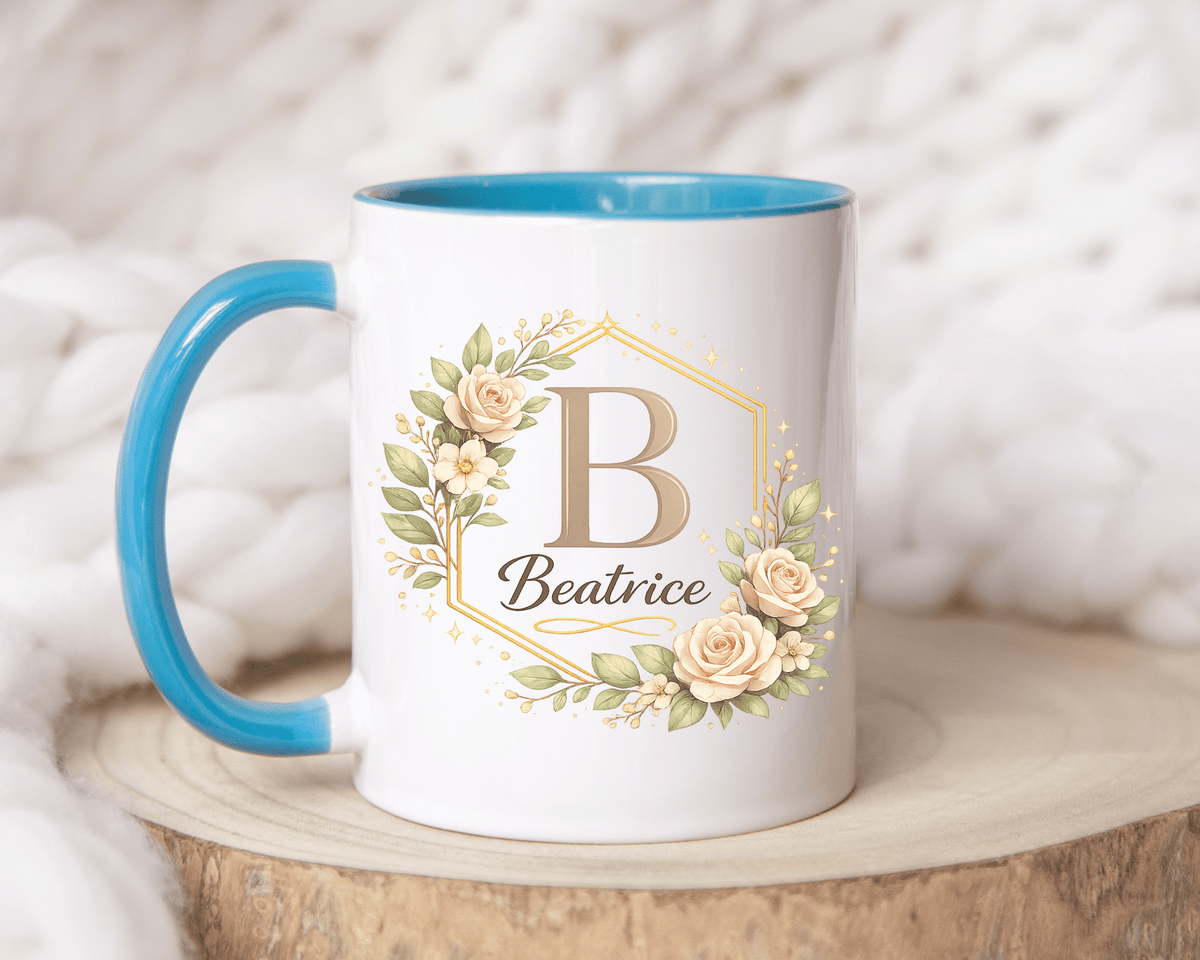 Personalized Floral Monogram Mug, Custom Name Coffee Mug with Elegant Initial Letter, Botanical Gift for Women, Bridesmaid Birthday Cup
