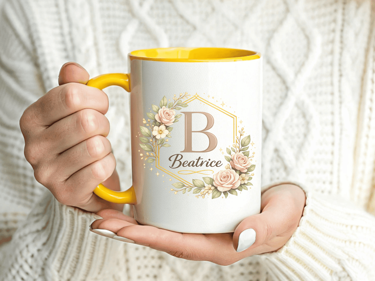 Personalized Floral Monogram Mug, Custom Name Coffee Mug with Elegant Initial Letter, Botanical Gift for Women, Bridesmaid Birthday Cup