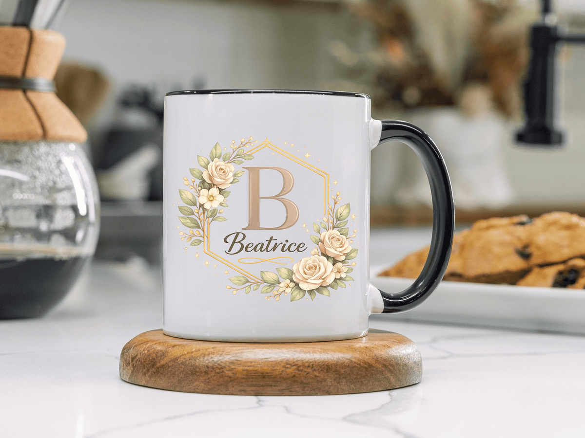 Personalized Floral Monogram Mug, Custom Name Coffee Mug with Elegant Initial Letter, Botanical Gift for Women, Bridesmaid Birthday Cup