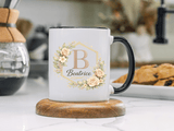 Personalized Floral Monogram Mug, Custom Name Coffee Mug with Elegant Initial Letter, Botanical Gift for Women, Bridesmaid Birthday Cup