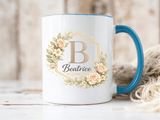 Personalized Floral Monogram Mug, Custom Name Coffee Mug with Elegant Initial Letter, Botanical Gift for Women, Bridesmaid Birthday Cup