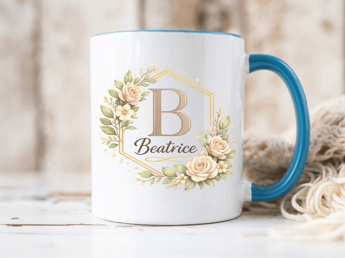 Personalized Floral Monogram Mug, Custom Name Coffee Mug with Elegant Initial Letter, Botanical Gift for Women, Bridesmaid Birthday Cup