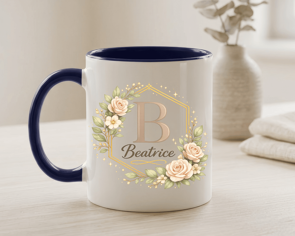 Personalized Floral Monogram Mug, Custom Name Coffee Mug with Elegant Initial Letter, Botanical Gift for Women, Bridesmaid Birthday Cup