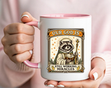 Our God Is Still Working Miracles Coffee Mug, Funny Raccoon Christian Gift for Friends, Cute Religious Parody Trash Panda Ceramic Tea Cup with Black Handle
