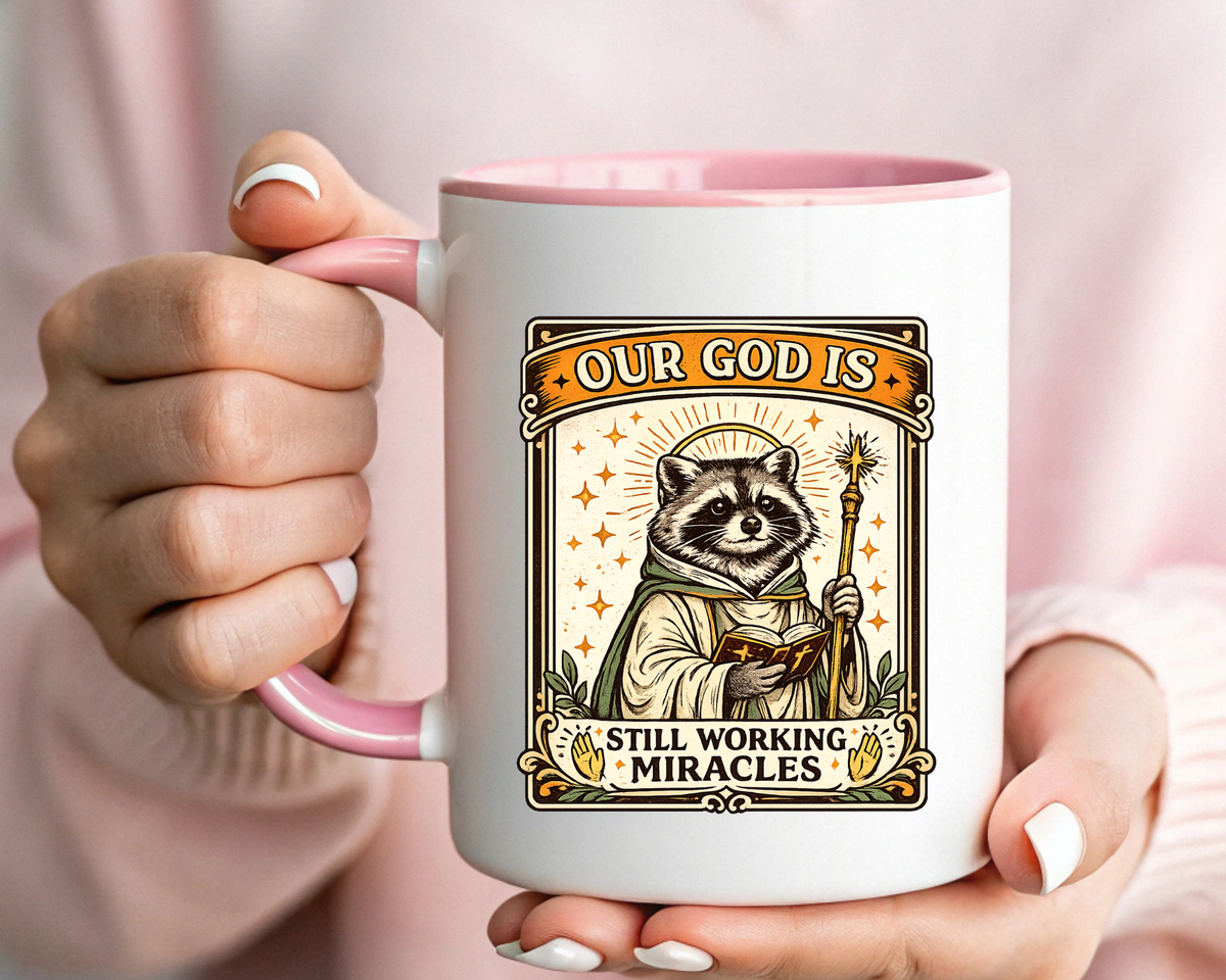 Our God Is Still Working Miracles Coffee Mug, Funny Raccoon Christian Gift for Friends, Cute Religious Parody Trash Panda Ceramic Tea Cup with Black Handle