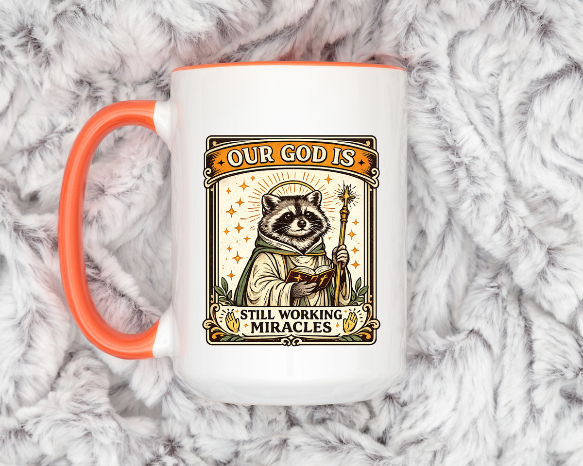 Our God Is Still Working Miracles Coffee Mug, Funny Raccoon Christian Gift for Friends, Cute Religious Parody Trash Panda Ceramic Tea Cup with Black Handle
