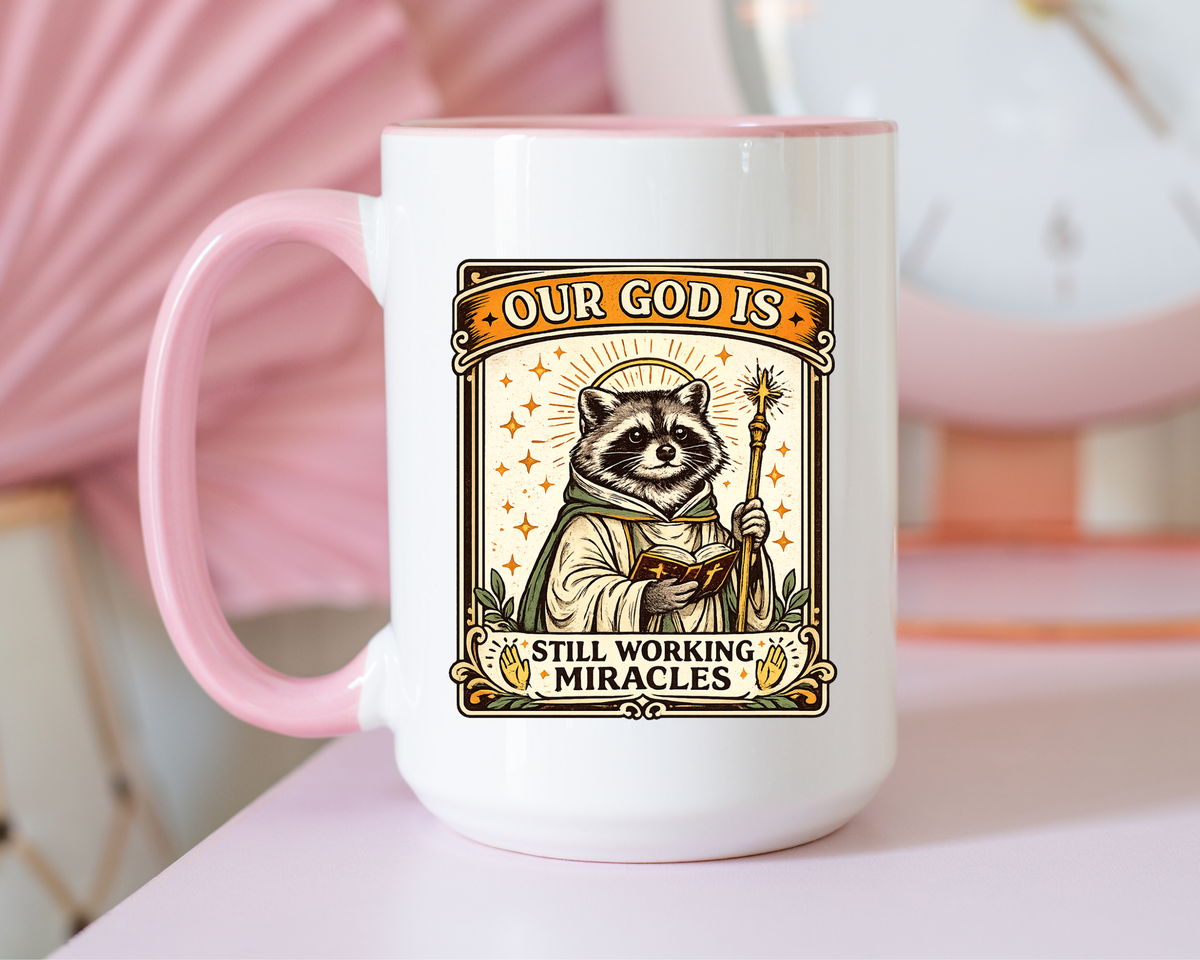 Our God Is Still Working Miracles Coffee Mug, Funny Raccoon Christian Gift for Friends, Cute Religious Parody Trash Panda Ceramic Tea Cup with Black Handle