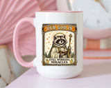 Our God Is Still Working Miracles Coffee Mug, Funny Raccoon Christian Gift for Friends, Cute Religious Parody Trash Panda Ceramic Tea Cup with Black Handle