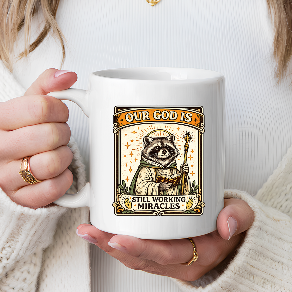 Our God Is Still Working Miracles Coffee Mug, Funny Raccoon Christian Gift for Friends, Cute Religious Parody Trash Panda Ceramic Tea Cup with Black Handle