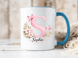 Personalized Butterfly Initial Mug, Custom Name Coffee Mug for Girls and Women, Pink Floral Monogram Cup, Birthday Gift, Custom Letter Mug