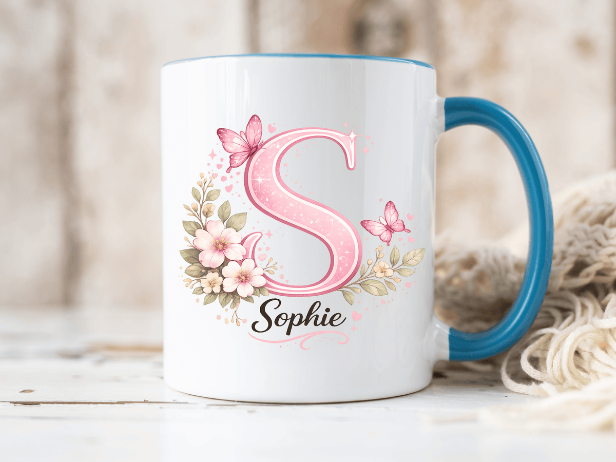Personalized Butterfly Initial Mug, Custom Name Coffee Mug for Girls and Women, Pink Floral Monogram Cup, Birthday Gift, Custom Letter Mug
