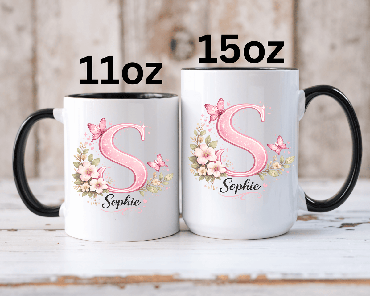 Personalized Butterfly Initial Mug, Custom Name Coffee Mug for Girls and Women, Pink Floral Monogram Cup, Birthday Gift, Custom Letter Mug