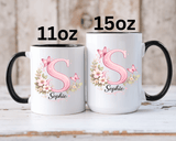 Personalized Butterfly Initial Mug, Custom Name Coffee Mug for Girls and Women, Pink Floral Monogram Cup, Birthday Gift, Custom Letter Mug