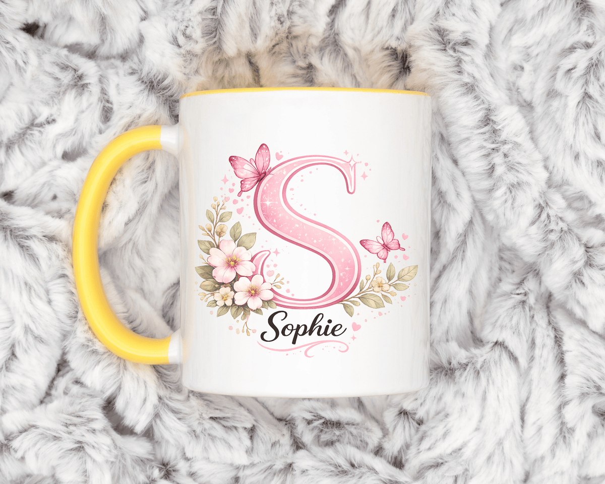 Personalized Butterfly Initial Mug, Custom Name Coffee Mug for Girls and Women, Pink Floral Monogram Cup, Birthday Gift, Custom Letter Mug