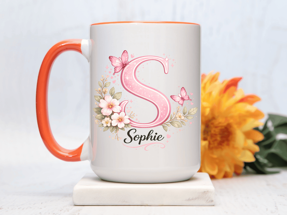 Personalized Butterfly Initial Mug, Custom Name Coffee Mug for Girls and Women, Pink Floral Monogram Cup, Birthday Gift, Custom Letter Mug