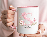 Personalized Butterfly Initial Mug, Custom Name Coffee Mug for Girls and Women, Pink Floral Monogram Cup, Birthday Gift, Custom Letter Mug
