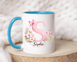 Personalized Butterfly Initial Mug, Custom Name Coffee Mug for Girls and Women, Pink Floral Monogram Cup, Birthday Gift, Custom Letter Mug