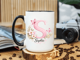 Personalized Butterfly Initial Mug, Custom Name Coffee Mug for Girls and Women, Pink Floral Monogram Cup, Birthday Gift, Custom Letter Mug