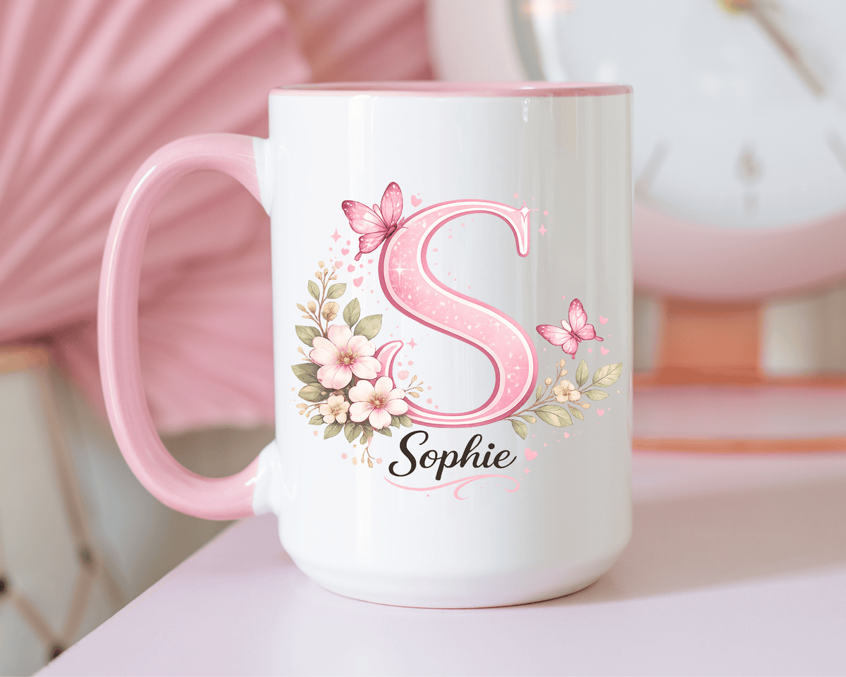 Personalized Butterfly Initial Mug, Custom Name Coffee Mug for Girls and Women, Pink Floral Monogram Cup, Birthday Gift, Custom Letter Mug