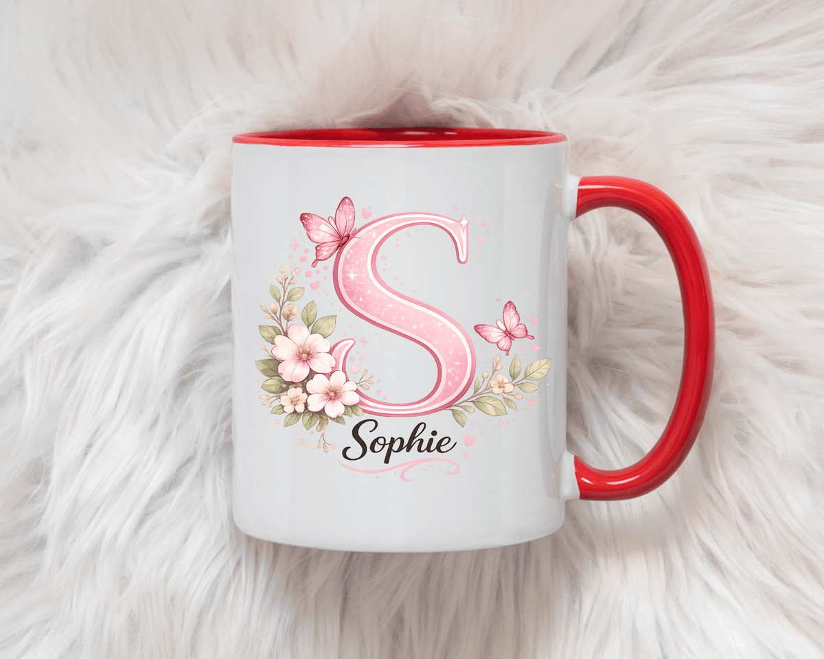 Personalized Butterfly Initial Mug, Custom Name Coffee Mug for Girls and Women, Pink Floral Monogram Cup, Birthday Gift, Custom Letter Mug