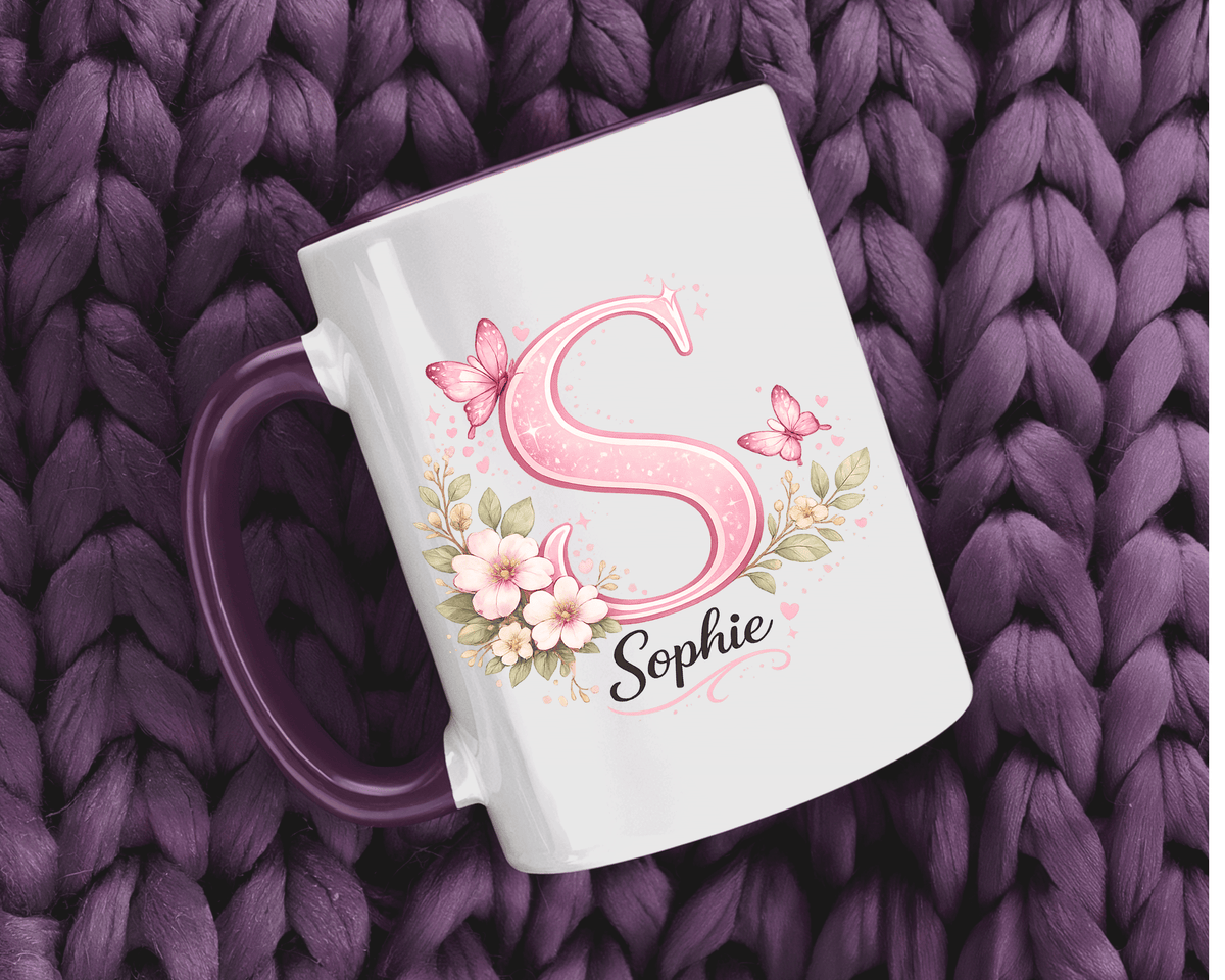Personalized Butterfly Initial Mug, Custom Name Coffee Mug for Girls and Women, Pink Floral Monogram Cup, Birthday Gift, Custom Letter Mug