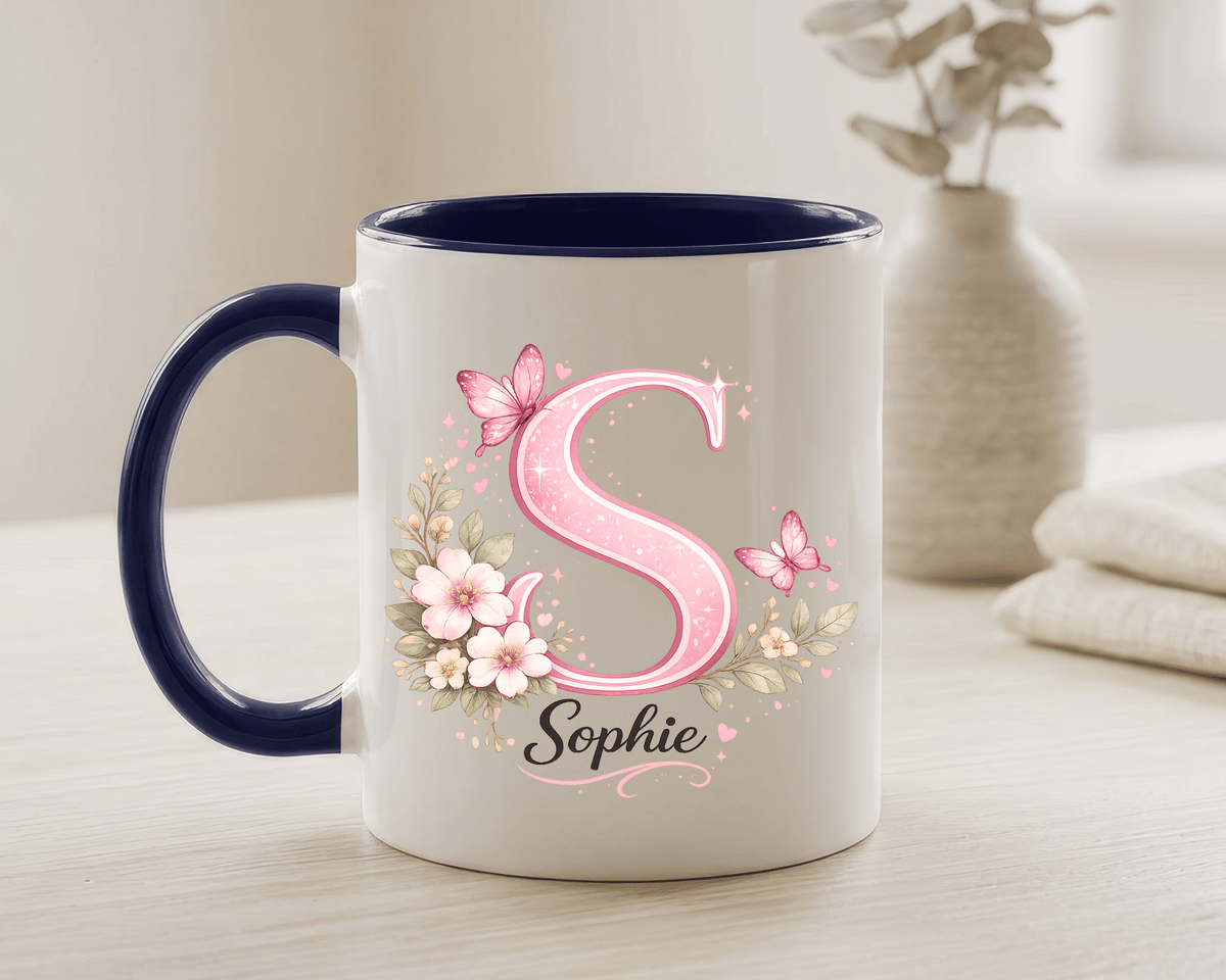 Personalized Butterfly Initial Mug, Custom Name Coffee Mug for Girls and Women, Pink Floral Monogram Cup, Birthday Gift, Custom Letter Mug