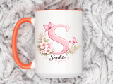 Personalized Butterfly Initial Mug, Custom Name Coffee Mug for Girls and Women, Pink Floral Monogram Cup, Birthday Gift, Custom Letter Mug