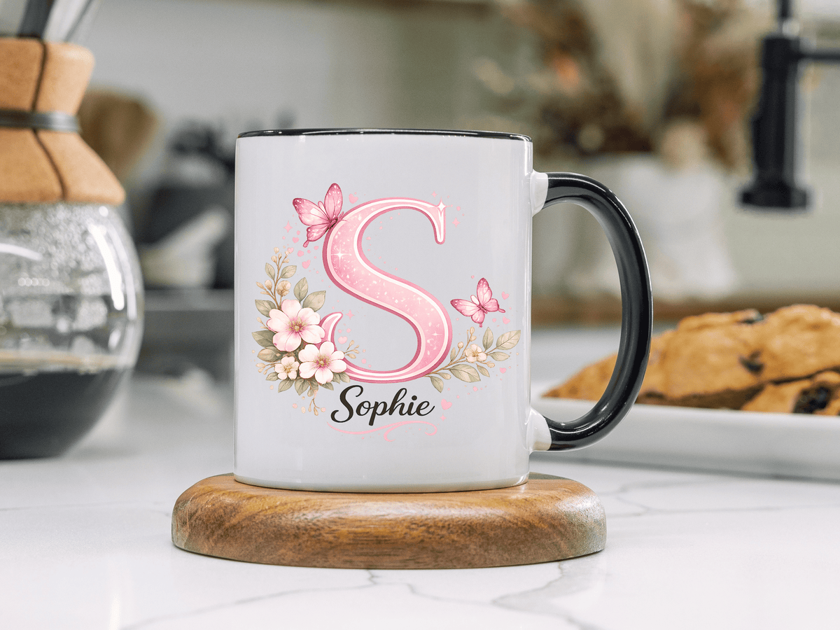 Personalized Butterfly Initial Mug, Custom Name Coffee Mug for Girls and Women, Pink Floral Monogram Cup, Birthday Gift, Custom Letter Mug
