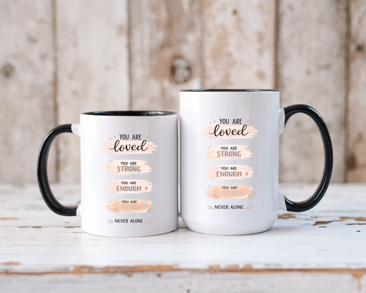 You Are Loved Strong Enough Blessed Coffee Mug, Encouraging Mental Health Gift for Friends, Cute Inspirational Daily Affirmations Tea Cup with Pink Handle