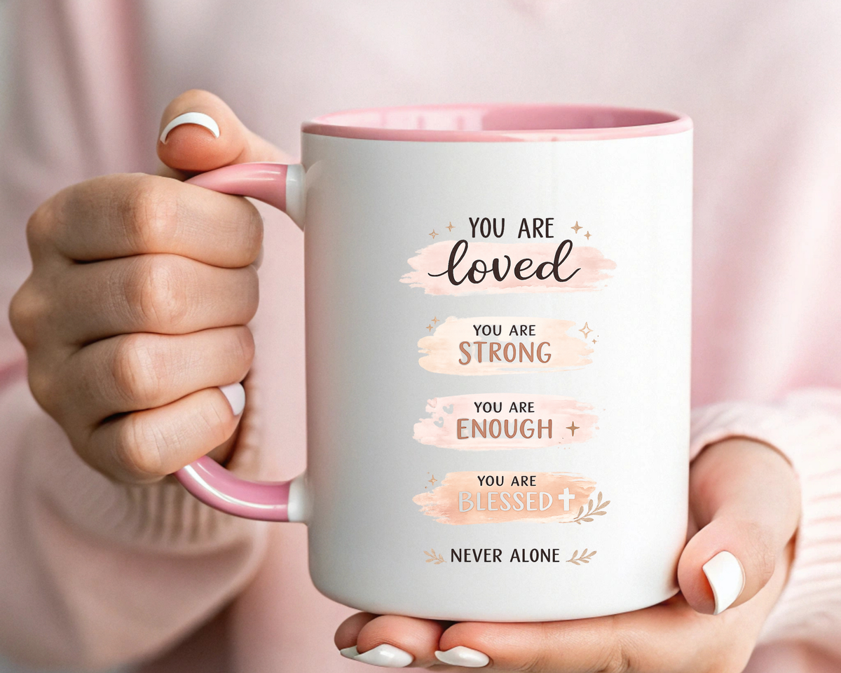 You Are Loved Strong Enough Blessed Coffee Mug, Encouraging Mental Health Gift for Friends, Cute Inspirational Daily Affirmations Tea Cup with Pink Handle