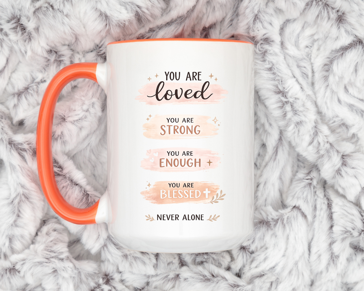 You Are Loved Strong Enough Blessed Coffee Mug, Encouraging Mental Health Gift for Friends, Cute Inspirational Daily Affirmations Tea Cup with Pink Handle