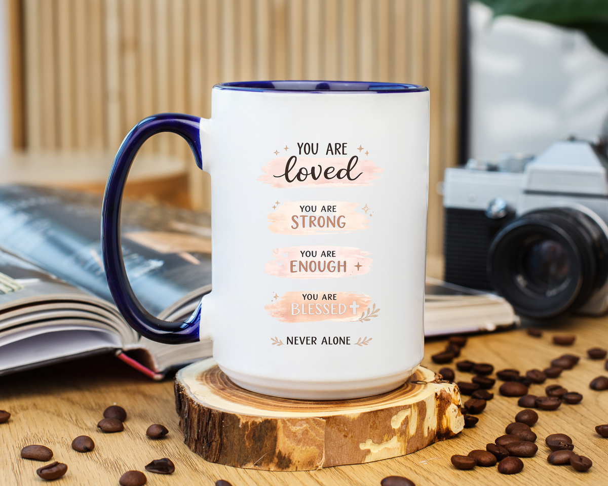 You Are Loved Strong Enough Blessed Coffee Mug, Encouraging Mental Health Gift for Friends, Cute Inspirational Daily Affirmations Tea Cup with Pink Handle