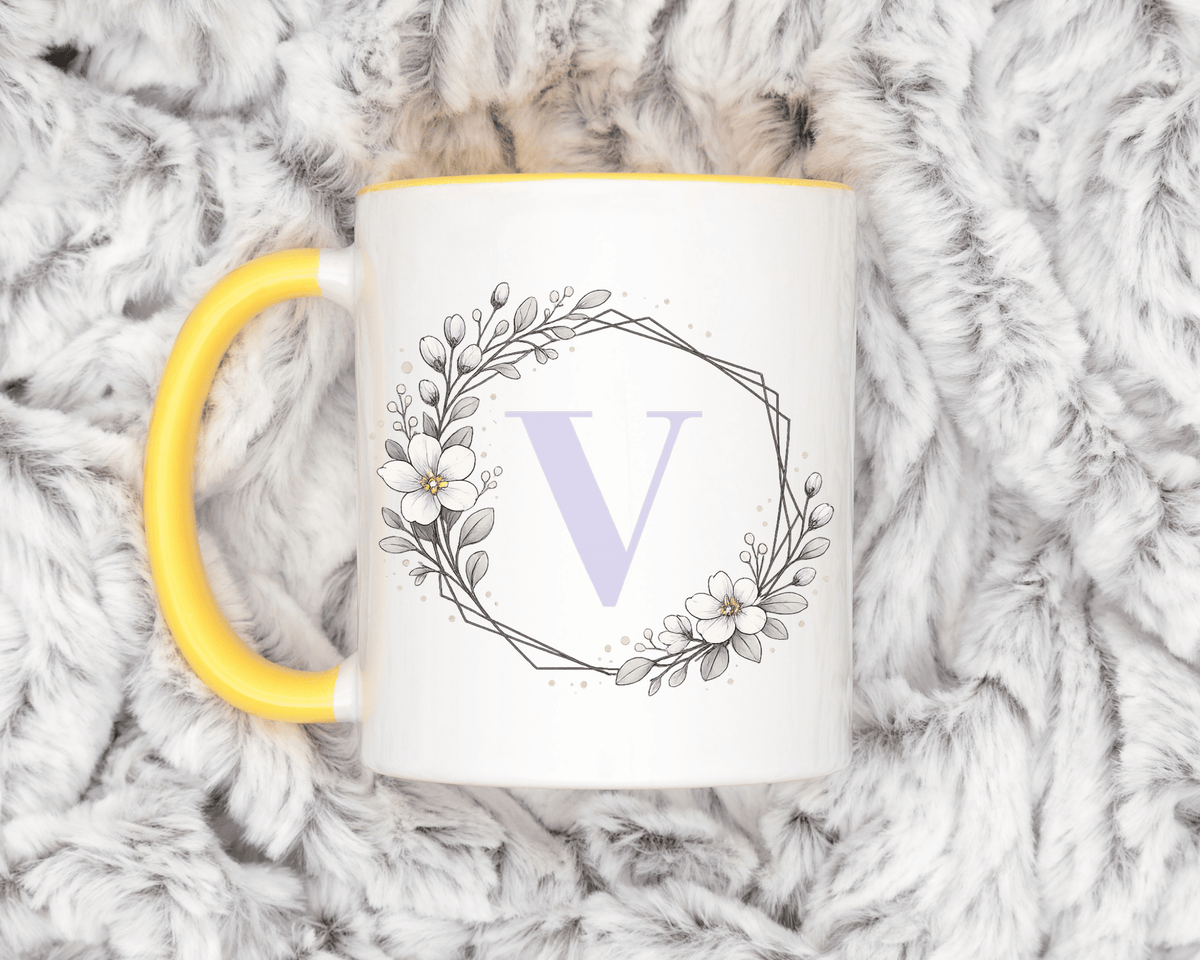 Letter V Monogram Mug, Floral Initial Coffee Mug for Women, Botanical Alphabet Cup, Minimalist Monogram Gift, Personalized Letter Mug