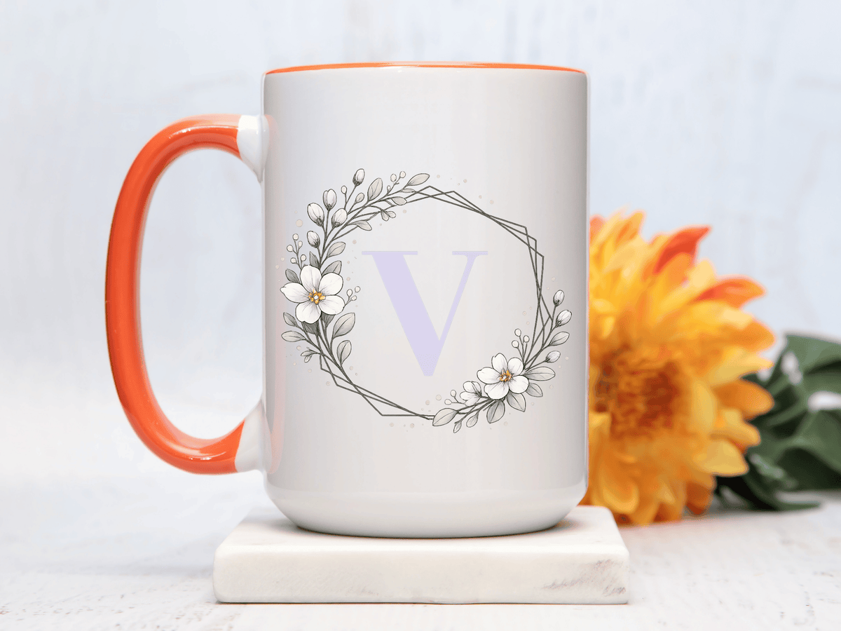Letter V Monogram Mug, Floral Initial Coffee Mug for Women, Botanical Alphabet Cup, Minimalist Monogram Gift, Personalized Letter Mug