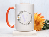 Letter V Monogram Mug, Floral Initial Coffee Mug for Women, Botanical Alphabet Cup, Minimalist Monogram Gift, Personalized Letter Mug