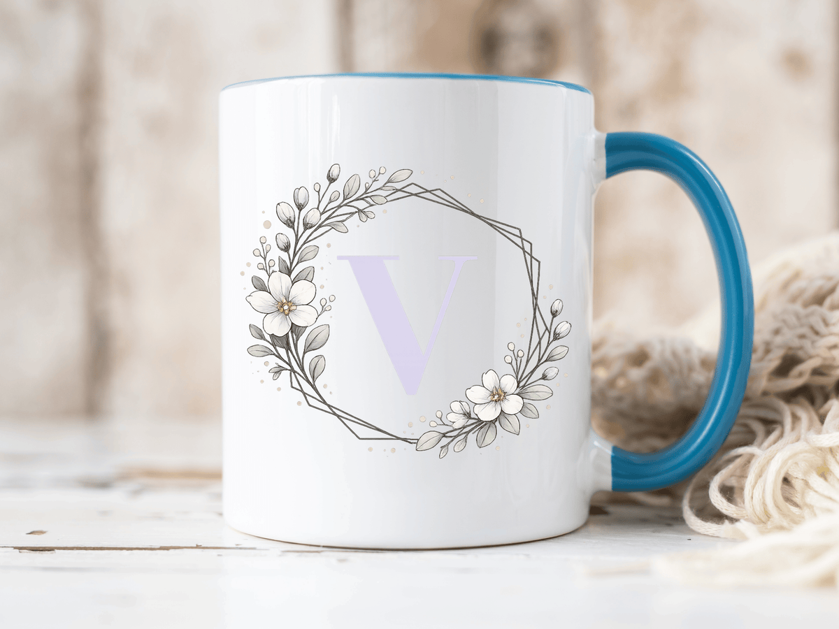 Letter V Monogram Mug, Floral Initial Coffee Mug for Women, Botanical Alphabet Cup, Minimalist Monogram Gift, Personalized Letter Mug