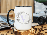 Letter V Monogram Mug, Floral Initial Coffee Mug for Women, Botanical Alphabet Cup, Minimalist Monogram Gift, Personalized Letter Mug