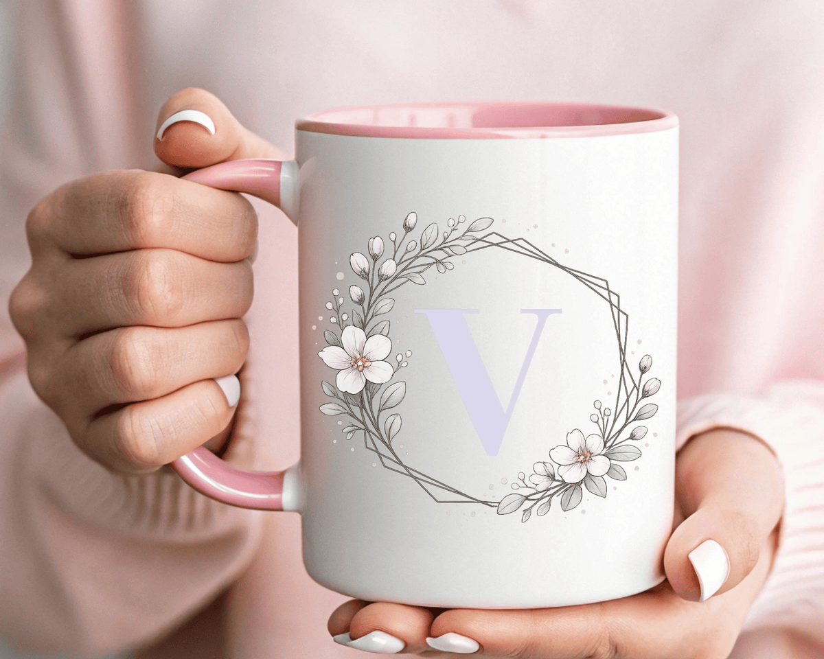 Letter V Monogram Mug, Floral Initial Coffee Mug for Women, Botanical Alphabet Cup, Minimalist Monogram Gift, Personalized Letter Mug