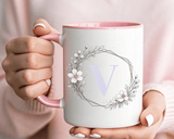 Letter V Monogram Mug, Floral Initial Coffee Mug for Women, Botanical Alphabet Cup, Minimalist Monogram Gift, Personalized Letter Mug