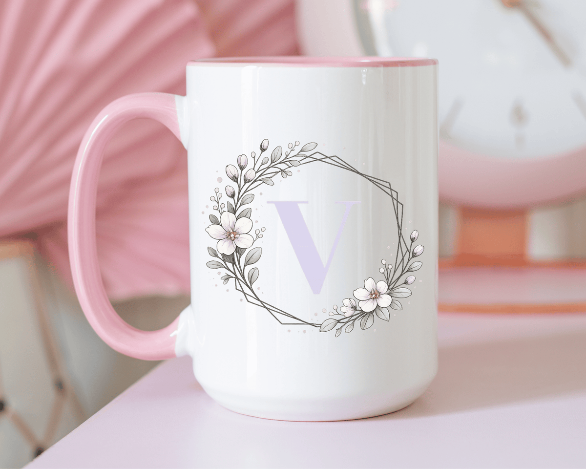 Letter V Monogram Mug, Floral Initial Coffee Mug for Women, Botanical Alphabet Cup, Minimalist Monogram Gift, Personalized Letter Mug
